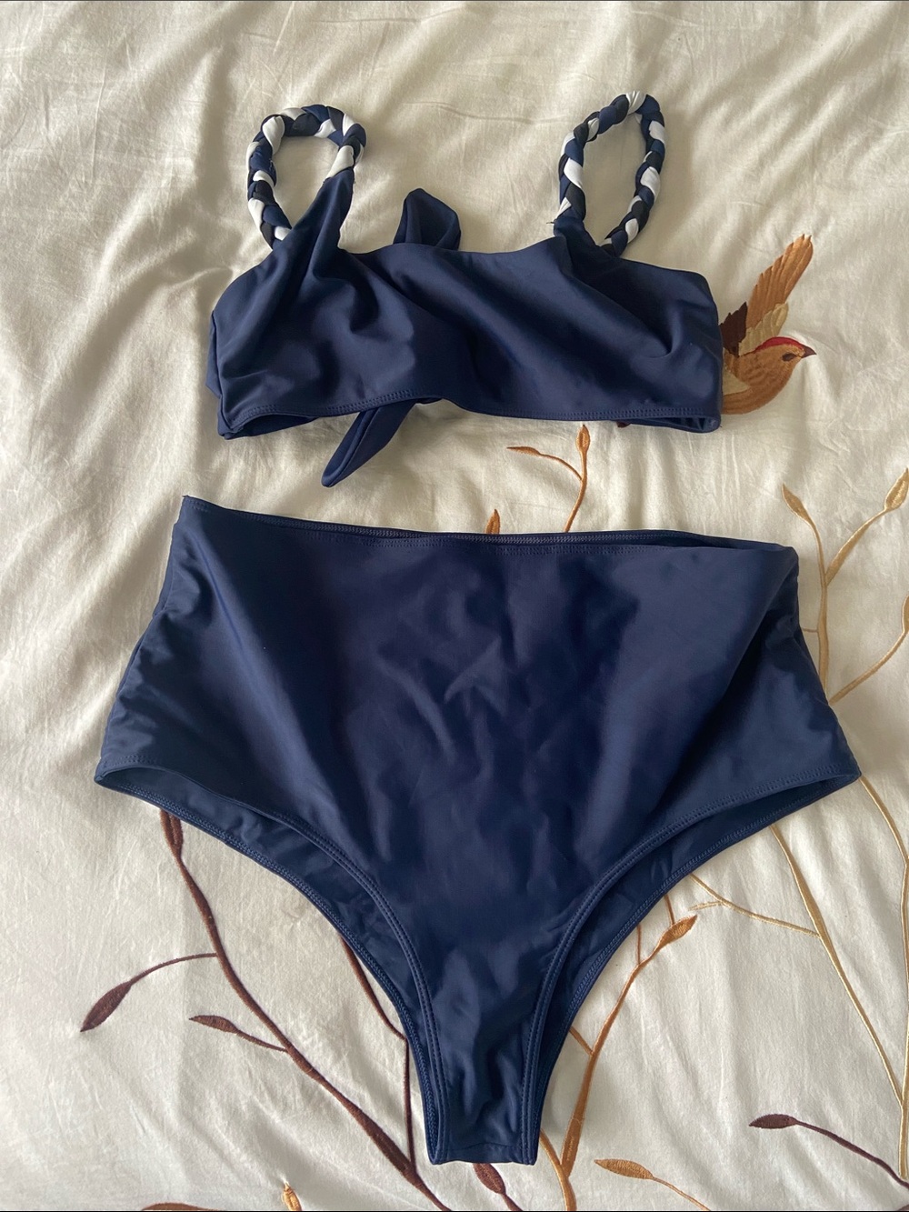 Paper London Navy White Braided Bikini Swimsuit Free People L Top XL Bottom GUC